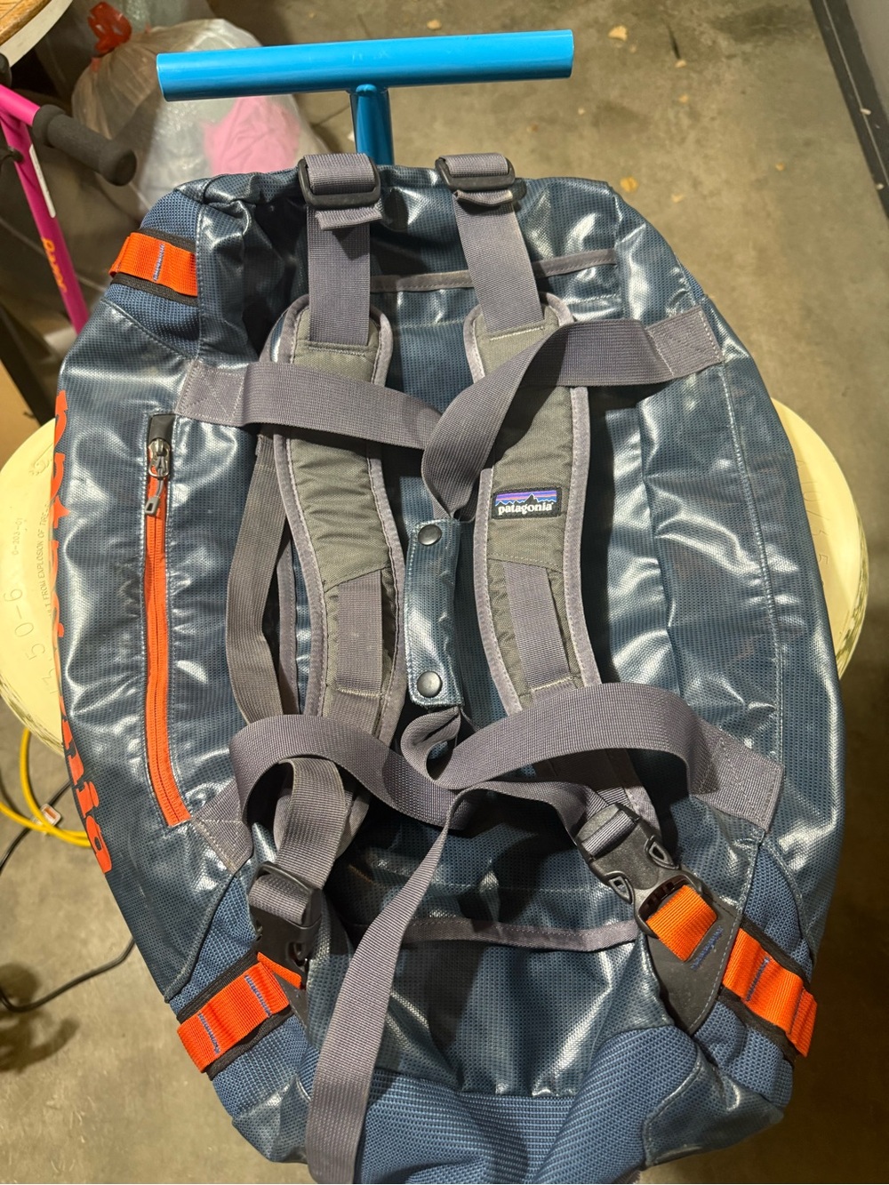 Patagonia Navy Duffel with Orange Logo and Straps - Picture 2 of 3